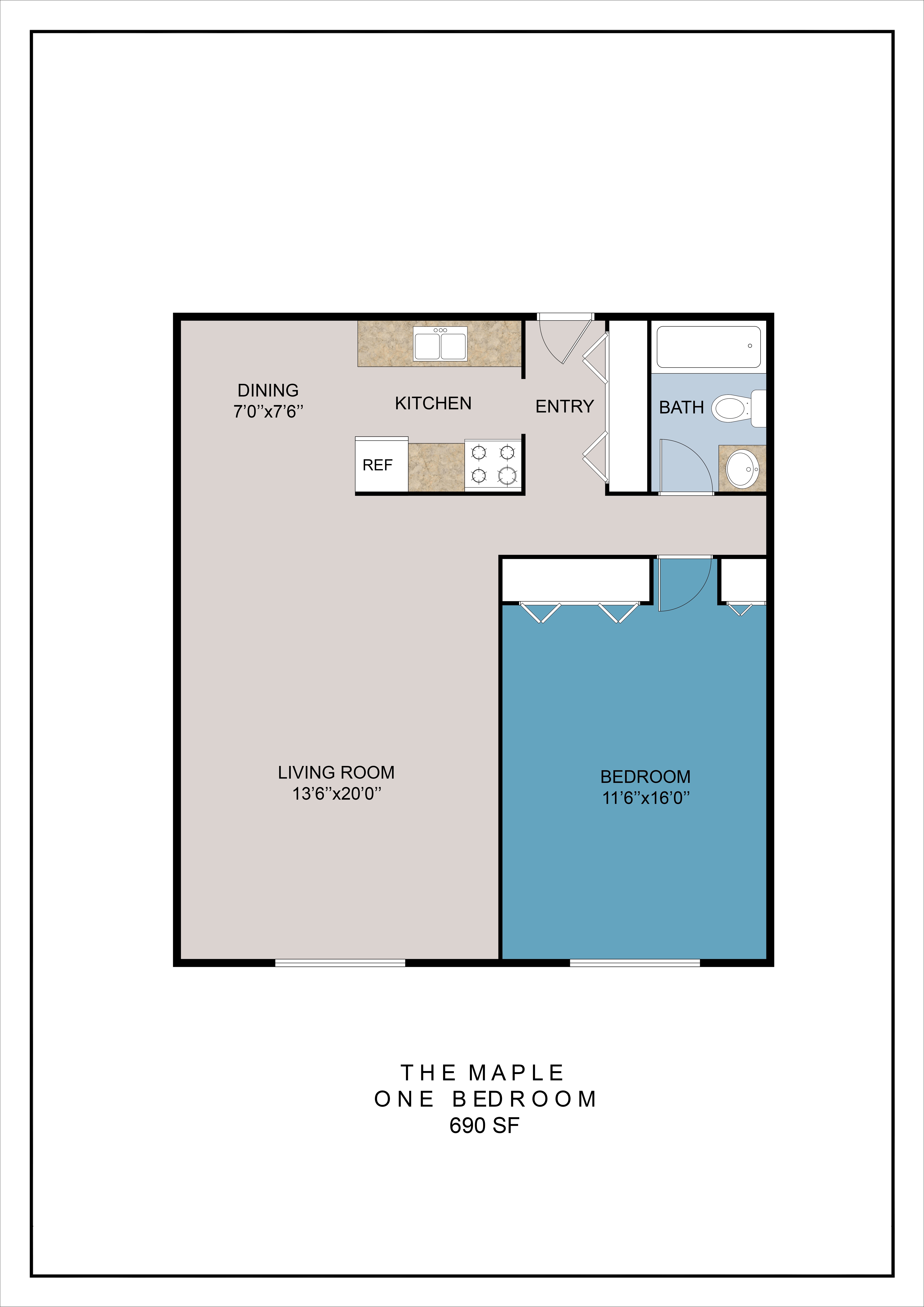 A floor plan of a one bedroom apartment at The Maple.