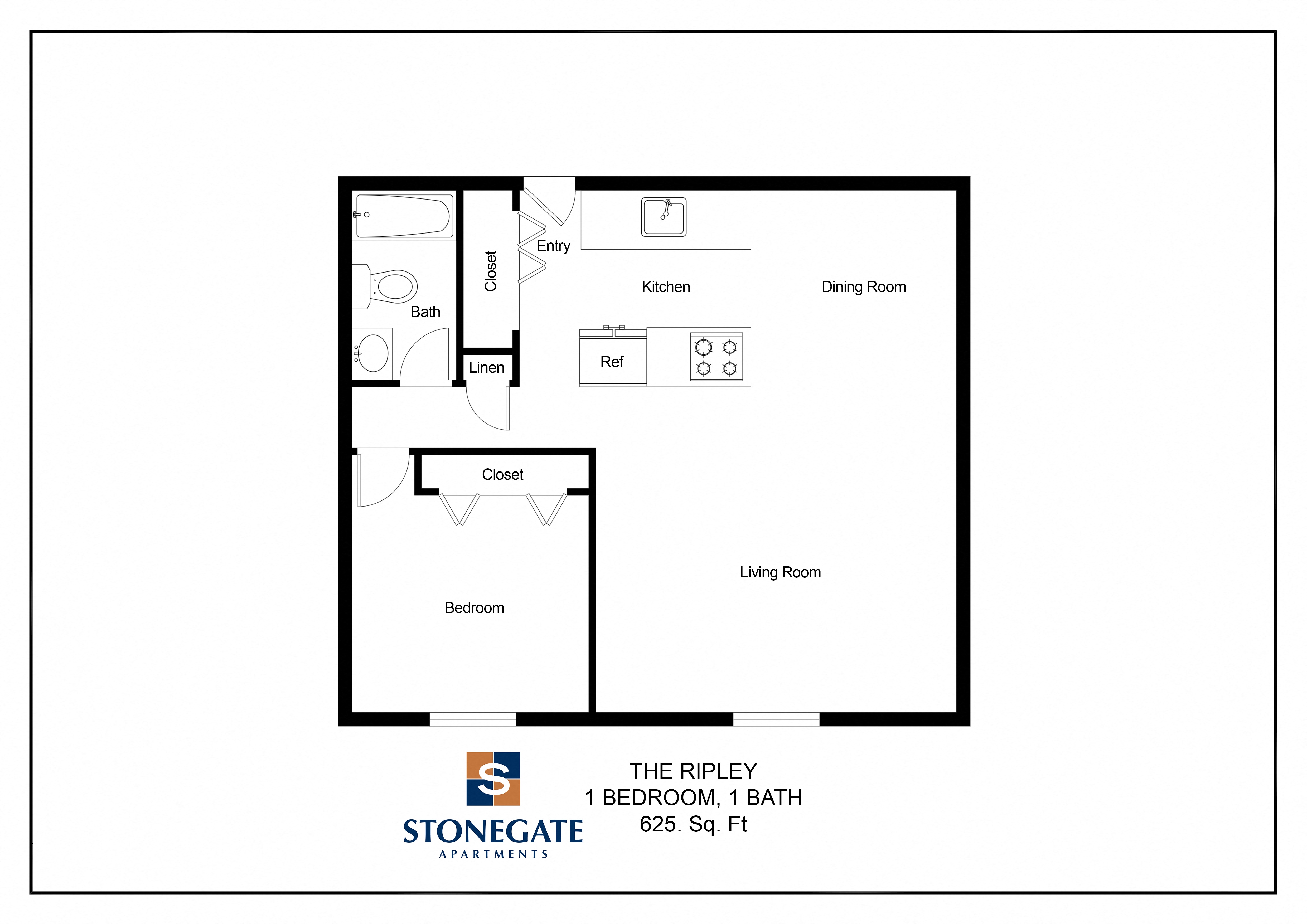 a floor plan of the ripley 1 bedroom apartment at stonegate