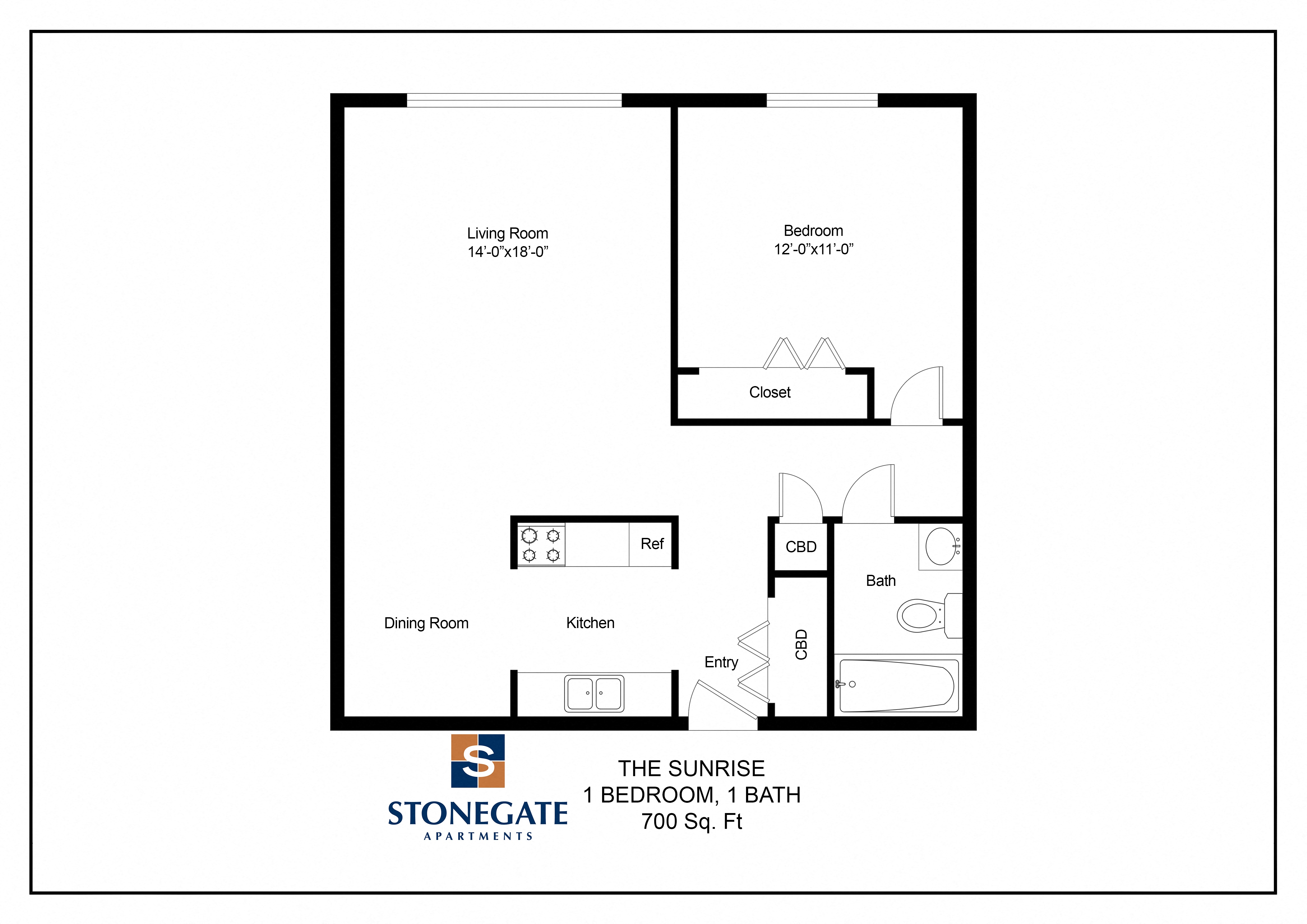 a floor plan of the sunrise 1 bedroom apartment
