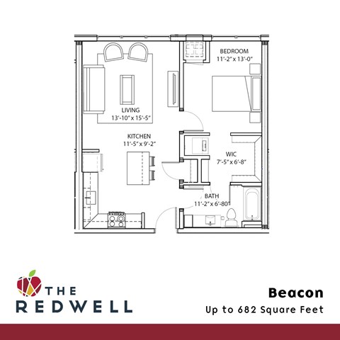 A floor plan for a home with a kitchen, living room, bathroom, and bedroom.