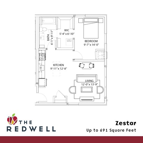 A floor plan for a home with a living room, kitchen, bedroom, and bathroom.