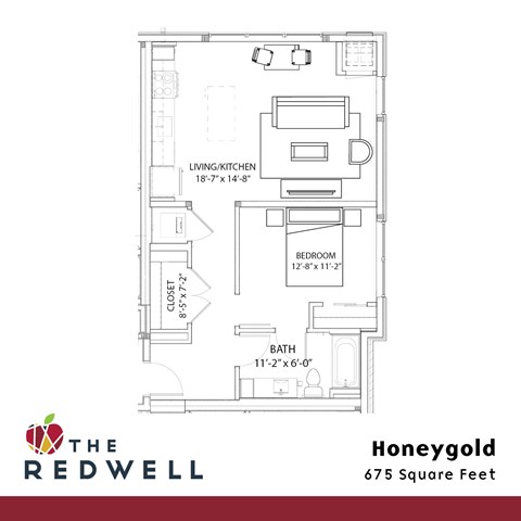 A floor plan for a 675 square foot home with a living/kitchen area, bedroom, and bath.