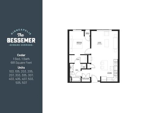 Cedar 1Bed 1Bath at The Bessemer at Seward Commons Apartments, MN, 55404
