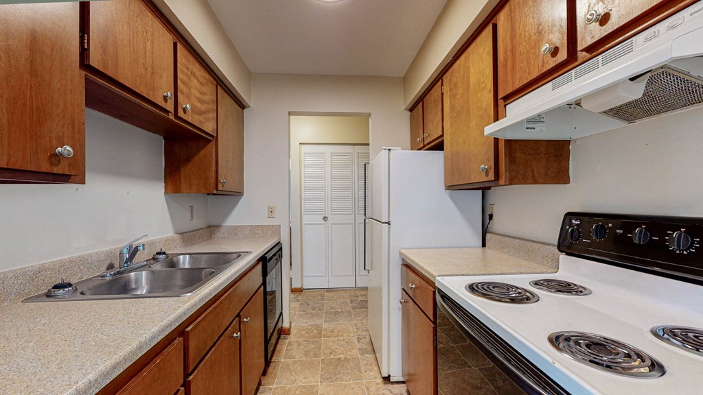a kitchen with a stove and a sink and a refrigerator