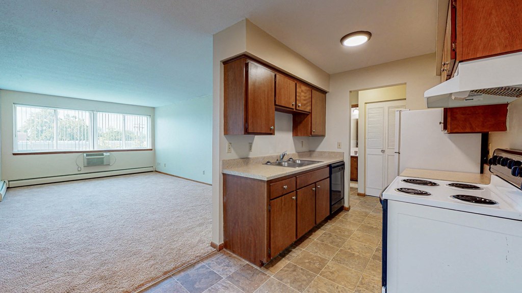 an empty kitchen with a stove and a sink