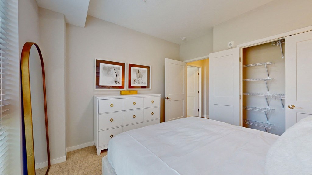 a bedroom with large bed and closet