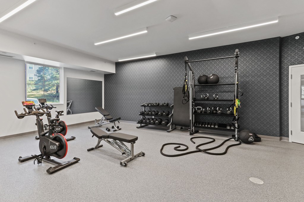 a spacious fitness center with exercise equipment and weights