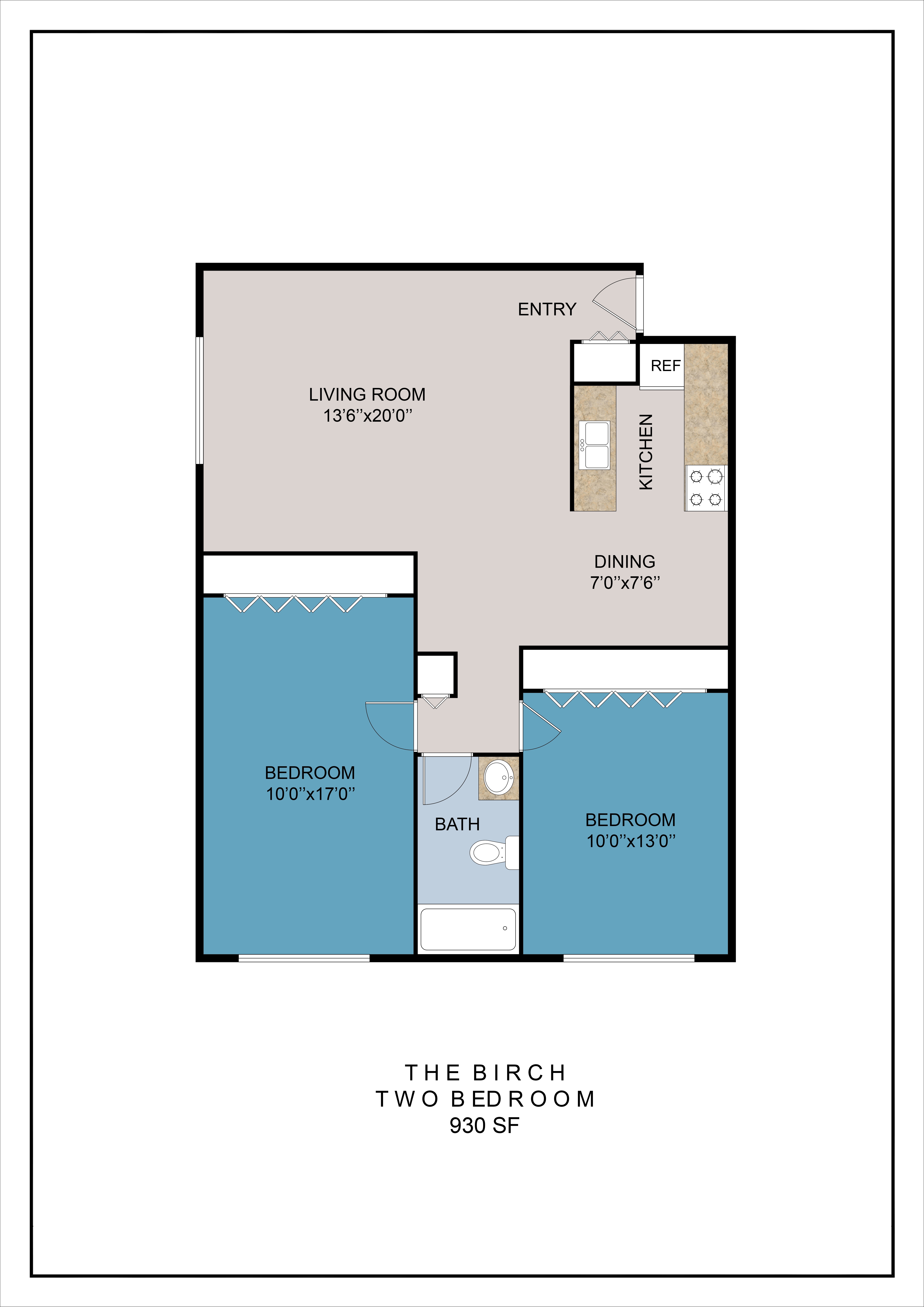A floor plan of a two bedroom apartment with a living room, dining room, kitchen, and bathroom.