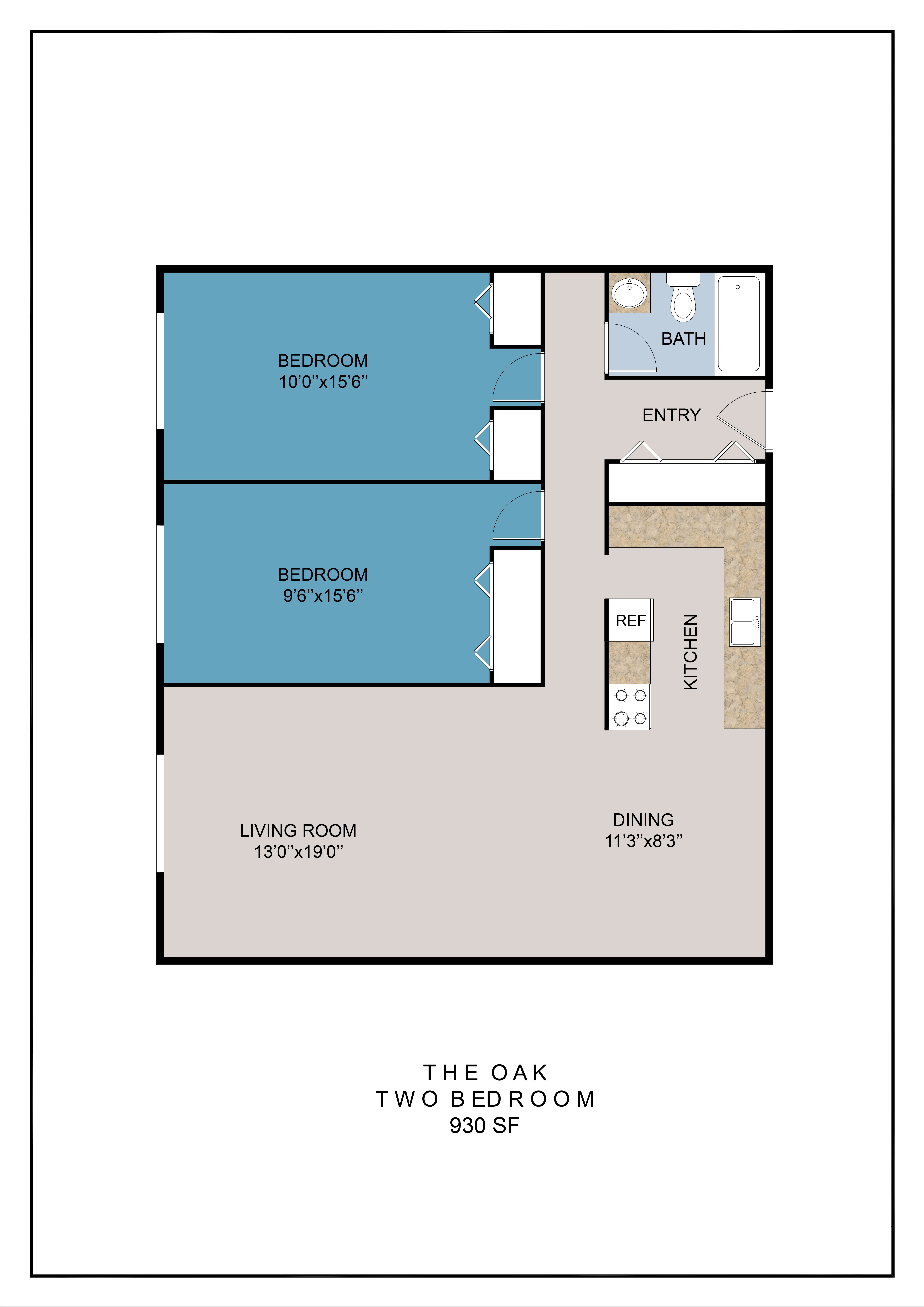 A floor plan of a two bedroom apartment with a living room, dining room, kitchen, bathroom, and entry.