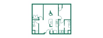 A floor plan of a building with a handicap symbol in the middle.