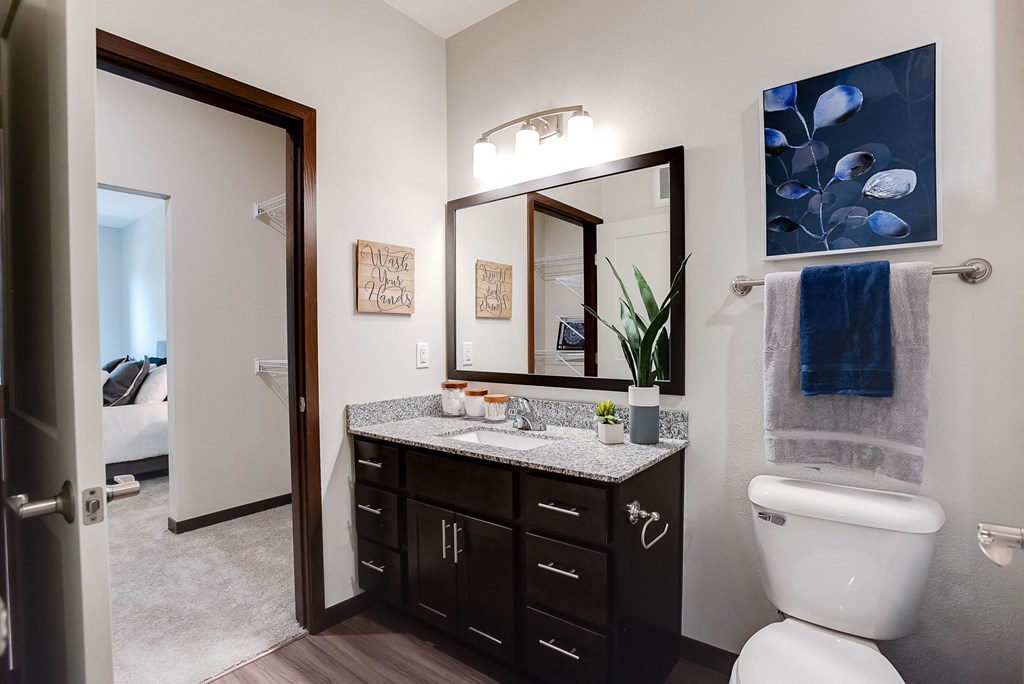 full bathroom with connection to walk-in closet and bedroom at Lake Jonathan Flats, Chaska, MN, 55318