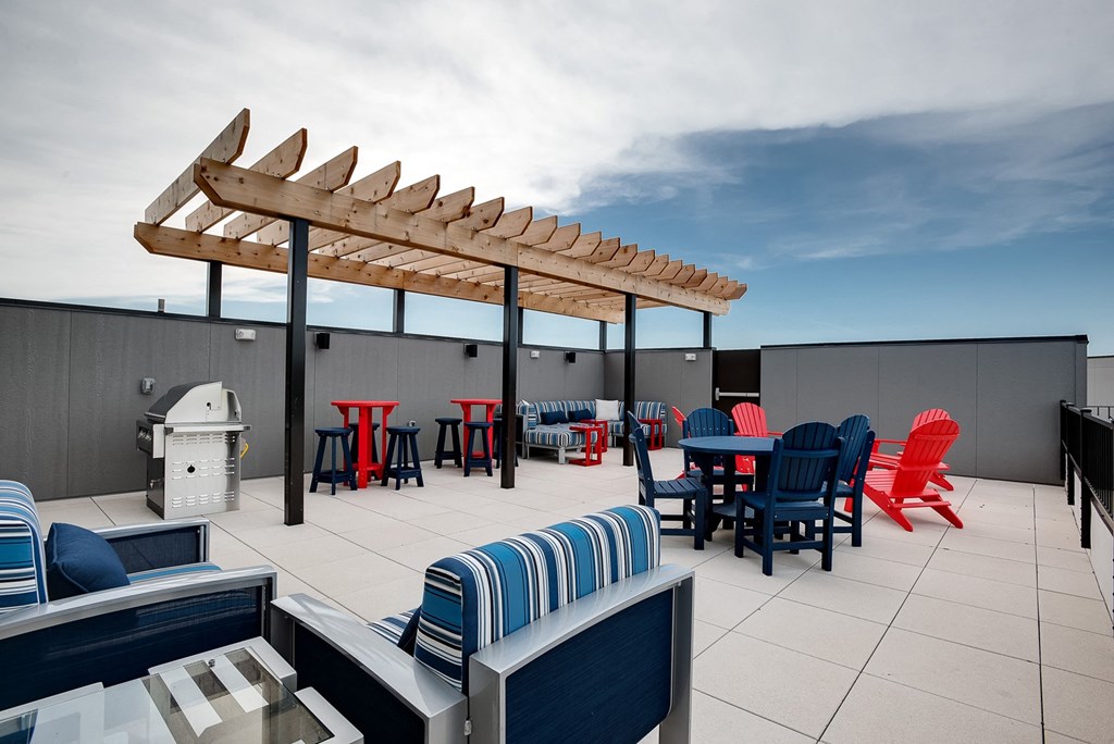rooftop outdoor patio with firepit, grills and seating at Lake Jonathan Flats, Chaska, MN, 55318