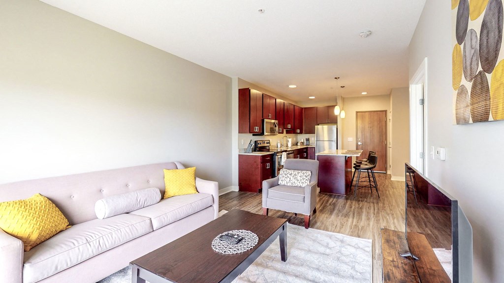 a living room with a couch and a table