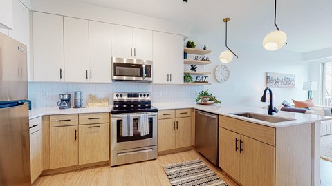 Kitchen with cabinets at CityLine Apartments, Minneapolis, 55406