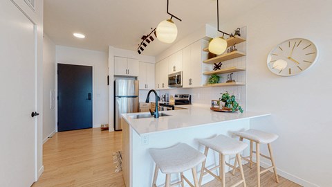 Kitchen with counter table at CityLine Apartments, Minneapolis, MN