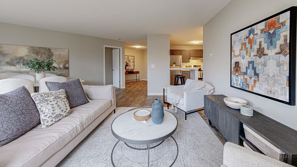 a living room with a couch and a table