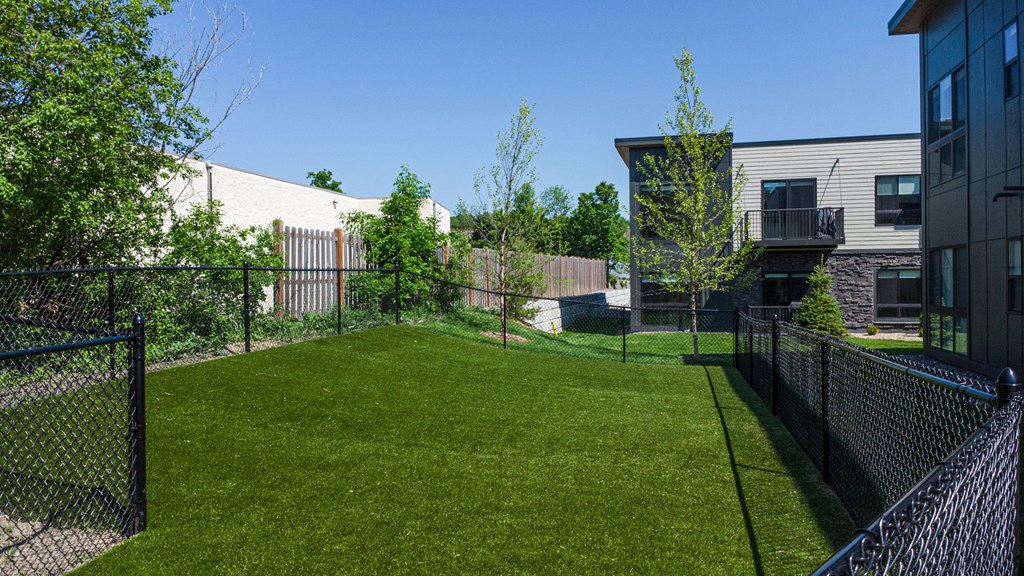 the yard is fenced in with green grass and trees