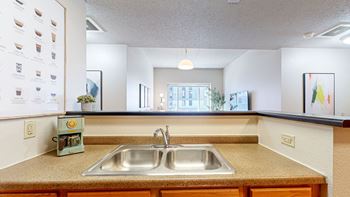 a kitchen with a sink and a mirror above it