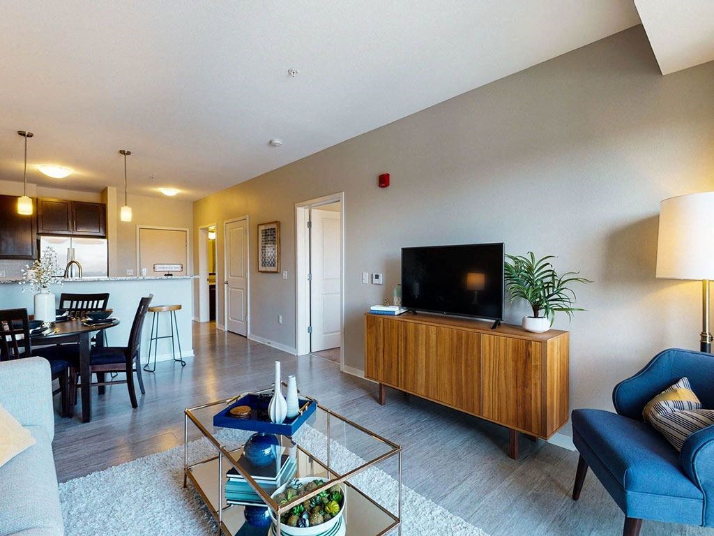 One bedroom apartment, living room and kitchen view at The Axis, Plymouth, MN