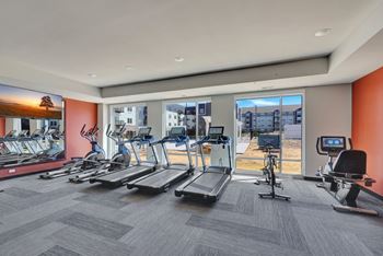 A gym with treadmills, exercise bikes, and a television at Lochner Apartments, MN, 55110