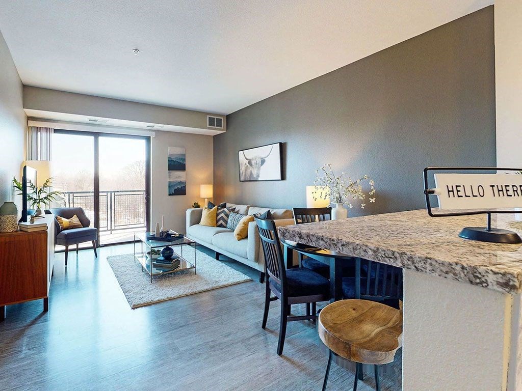 One bedroom apartment, living area with wood-look vinyl plank flooring throughout at The Axis, Plymouth, 55441