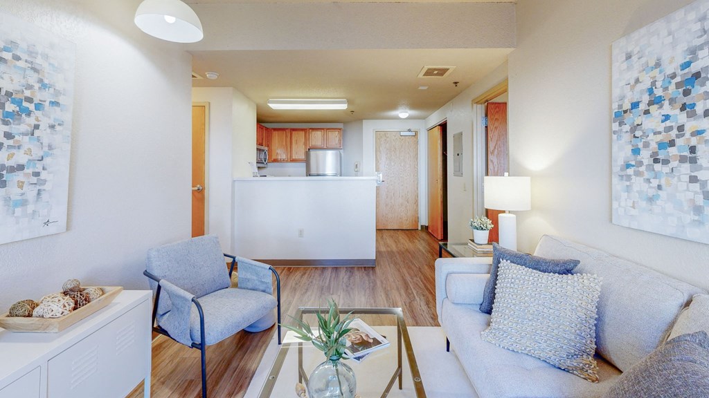 Living Room With Kitchen View at Bierman Place, Minneapolis, Minnesota