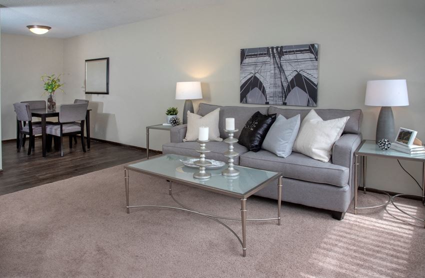 Spacious Open Floor Plan Connecting Dining and Living Room at Apartment in Minneapolis, MN