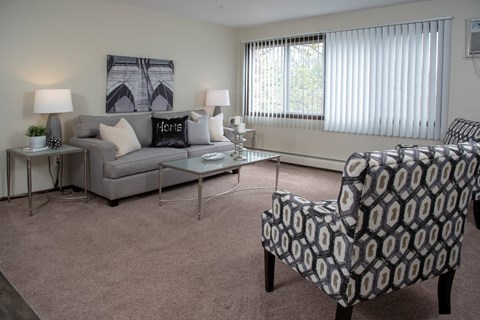 Bright Carpeted Living Room with Large Windows at 600 10th Ave Apartments