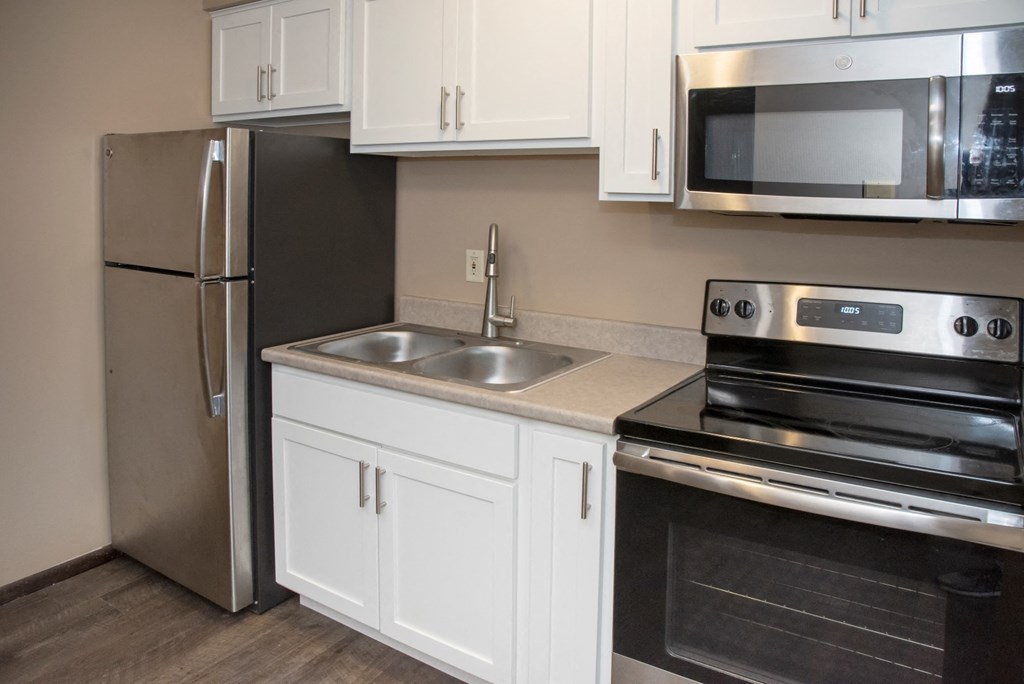 Studio apartment, kitchen with stainless steel appliances