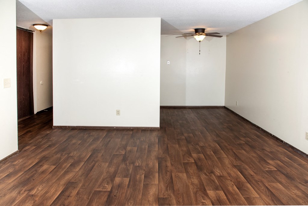 Vinyl wood look flooring throughout living spaces and kitchen