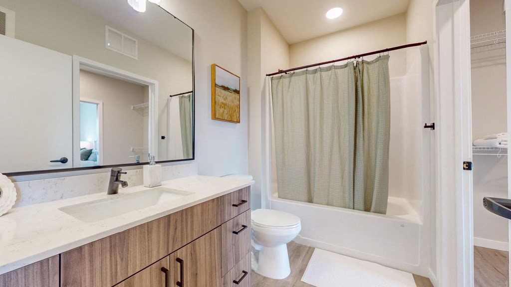 a bathroom with a sink toilet and shower