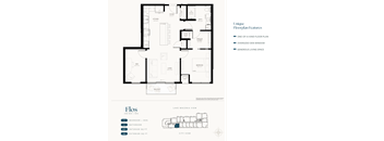 A floor plan of a one-bedroom den apartment with a bathroom and a living room.