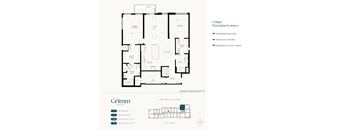 A floor plan for a Grimm two bedroom apartment with exterior and city views.