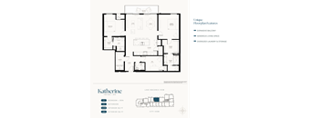A floor plan for a two-bedroom, den apartment with a kitchen, living room, dining room, and two bathrooms.