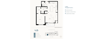 A floor plan of a Kelly Unique Floorplan features an expansive balcony, oversized U-shaped kitchen, and laundry room and storage.