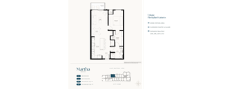 A floor plan of a one bedroom apartment named Martha with a lake view.