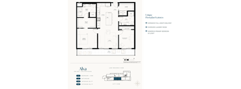 A floor plan for a one bedroom, pen penthouse apartment with a den, bathroom, and laundry room.