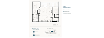 A floor plan of a two bedroom apartment with a unique layout featuring an expansive second level balcony and an oversized closet.