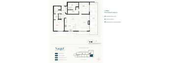 A floor plan for a two bedroom house with a unique feature of an oversized kitchen window.