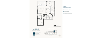 A floor plan for a two-bedroom, one-bathroom apartment with a unique layout and features.