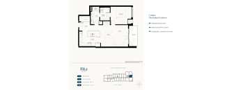 A floor plan of a house with unique features such as an expansive balcony, a spacious entry closet, and an oversized L-shaped kitchen.