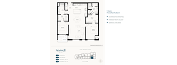 A floor plan of a two-bedroom apartment with a detailed layout including a living room, kitchen, and bathroom.