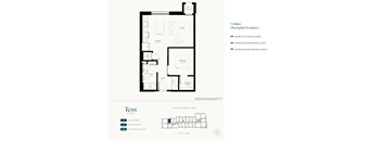 A floor plan for a Tess Alcoves property showing a bedroom, bathroom, and kitchen.