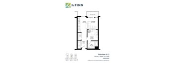 A floor plan for a property by The Finn shows a bedroom, living room, and bathroom.