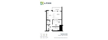 A floor plan for a property by The Finn shows a living room, a bedroom, a bathroom, and a laundry area.