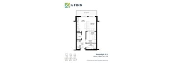 A floor plan for a one bathroom apartment with a living room and kitchen.