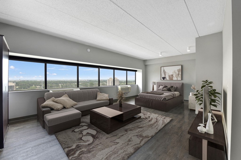 a rendering of a living room with gray walls and a large window