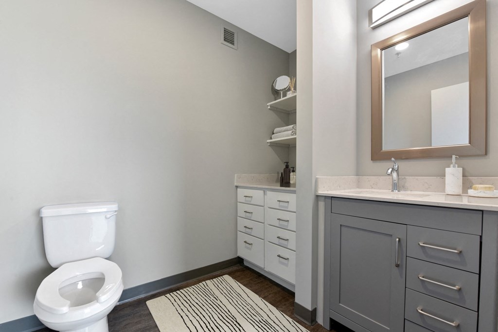 a bathroom with a toilet sink and mirror