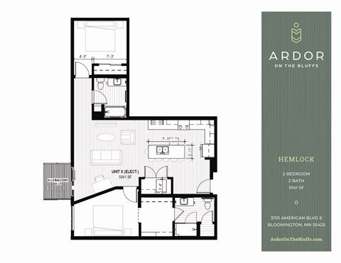 A floor plan for a two bedroom, two bath apartment at Ardor on the Bluffs.