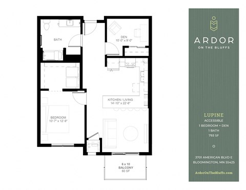 A floor plan for a one-bedroom apartment at Ardor on the Bluffs.